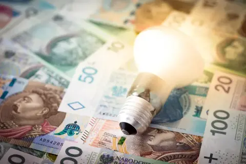 Żarówka na stosie polskich banknotów symbolizuje koszty energii, np. taryfa G11 Tauron.