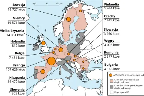 Mapa Europy z zaznaczonymi elektrowniami jądrowymi i ich produkcją. Francja liderem, Polska poza UE.
