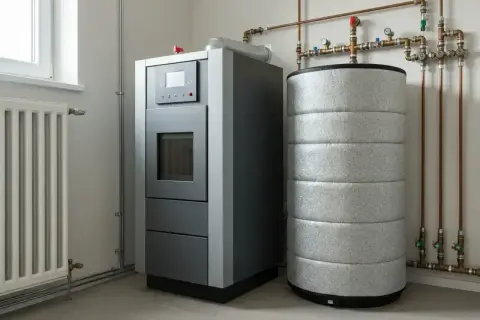 Nowoczesny bufor do pieca na pellet, obok zasobnika ciepłej wody, z instalacją grzewczą i grzejnikiem.