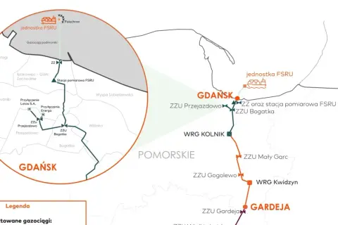 Mapa przedstawia projektowane gazociągi, w tym jednostkę FSRU w Gdańsku i połączenia z siecią przesyłową.