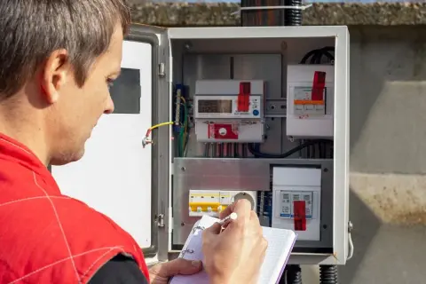Elektryk spisuje odczyt licznika w skrzynce rozdzielczej. Przygotowuje protokół zdawczo odbiorczy Tauron PDF.