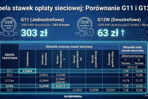 Porównanie taryfy G11 i G12w: G12w jest dwustrefowa, tańsza o 240 zł za 1000 kWh. Tabela pokazuje stawki.