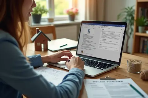 Kobieta wpisuje dane na laptopie, przygotowując przepisanie licznika Energa. Na biurku leży model domu.