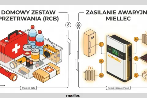Zestaw przetrwania na wypadek awarii zasilania: apteczka, woda, konserwy, radio, latarka. Obok system zasilania awaryjnego Miellec z lodówką, grzejnikiem, płytą i oświetleniem.