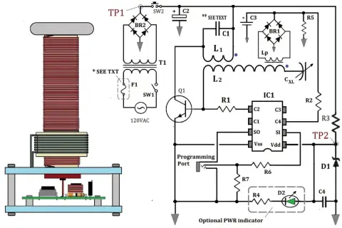Schemat układu z cewką Tesli, transformatorem, tranzystorem i układem scalonym.