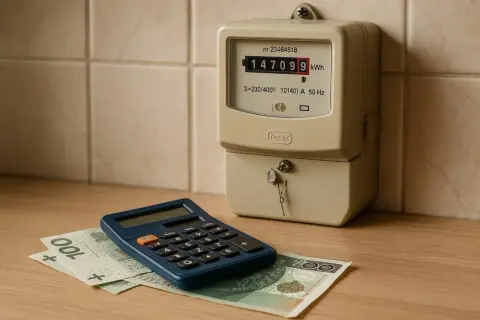 Licznik energii elektrycznej, kalkulator i banknoty 100 zł. Obrazek pokazuje, jak obliczyć zużycie prądu i koszty.
