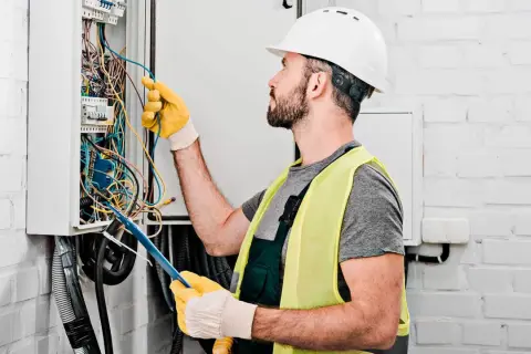 Elektryk w kasku i kamizelce odblaskowej pracuje przy skrzynce z przewodami. Sprawdź nasz **usługi elektryczne cennik**!