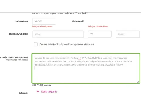 Formularz Tauron: wpisanie adresu, kodu pocztowego, miejscowości. Wpisano treść wiadomości o problemach z fakturą, druk ost tauron pdf.