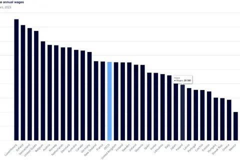 Wykres słupkowy pokazujący średnie roczne wynagrodzenia w krajach OECD, z zaznaczoną Polską.