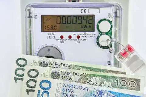 Licznik energii elektrycznej z banknotami 100 zł. Zastanawiasz się, ile kosztuje 1 kWh Enea?