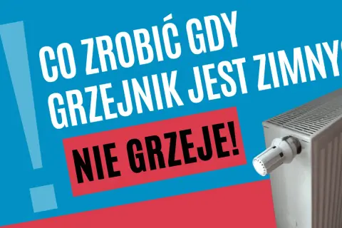 Co zrobić, gdy najdalszy grzejnik nie grzeje? Biały grzejnik z termostatem na niebiesko-czerwonym tle.