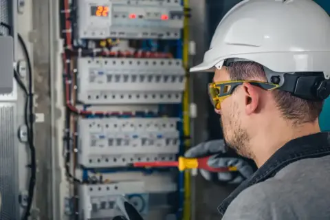 Elektryk w białym kasku i okularach ochronnych pracuje przy skrzynce z bezpiecznikami. Zastanawiasz się, ile zarabia elektryk?