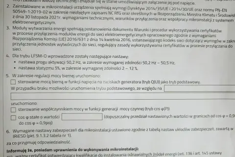 Dokument z wnioskami do pobrania dla mikroinstalacji, zawierający wymagania techniczne i procedury przyłączenia do sieci.