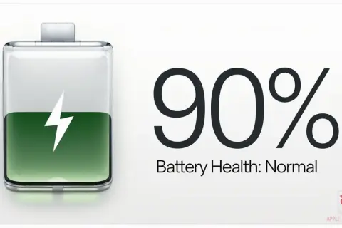 Ikona baterii z błyskawicą i napisem "90% Battery Health: Normal". Dowiedz się, jak sprawdzić kondycję baterii.