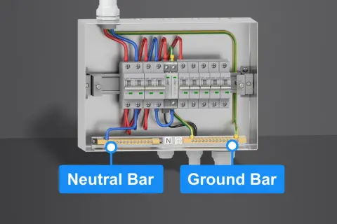 W skrzynce elektrycznej widać listwy zaciskowe: Neutral Bar i Ground Bar, połączone z wyłącznikami i przewodami.