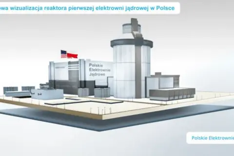 Wizualizacja pierwszej elektrowni jądrowej w Polsce, z budynkami i wieżą chłodniczą.