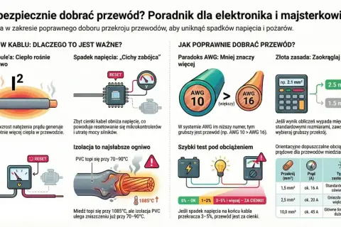 Ilustracja przedstawia schematy i wykresy dotyczące doboru przewodów elektrycznych, w tym prawo Joule'a, spadek napięcia i porównanie systemów AWG.