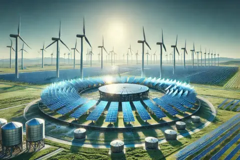 Futurystyczna elektrownia z wiatrakami i panelem słonecznym w kształcie pierścienia, przypominającym reaktor fuzyjny.