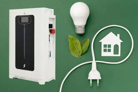 Nowoczesny magazyn energii bez fotowoltaiki, symbol domu i żarówka.