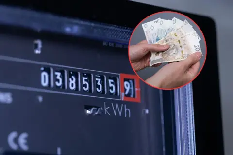 Licznik energii elektrycznej i dłonie trzymające polskie banknoty. Zastanawiasz się, ile kosztuje 1 kWh?