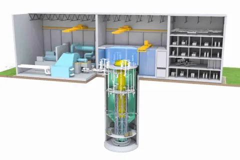 Przekrój reaktora BWRX-300: pionowy rdzeń w zielonym basenie, turbina, generator i pomieszczenia kontrolne.