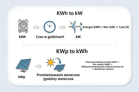 Wyjaśnienie jednostek: kWh to kW (energia = moc × czas) i kWp to kWh (produkcja energii zależy od mocy panelu, godzin nasłonecznienia i sprawności).