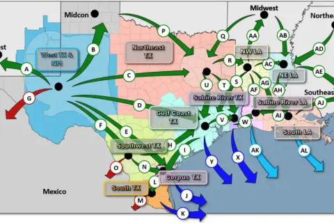 Mapa pokazuje przepływ gazociągów z Teksasu i Luizjany do różnych regionów USA.