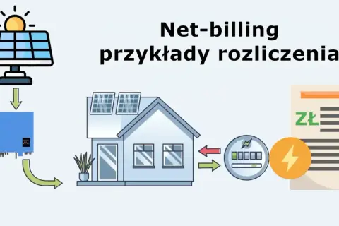 Schemat ilustruje net-billing: panele słoneczne na dachu domu, falownik, licznik energii i rachunek w złotówkach.