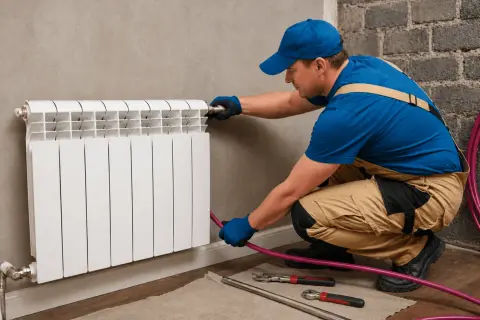 Instalator wykonuje podłączenie grzejnika od dołu, używając narzędzi i węża.