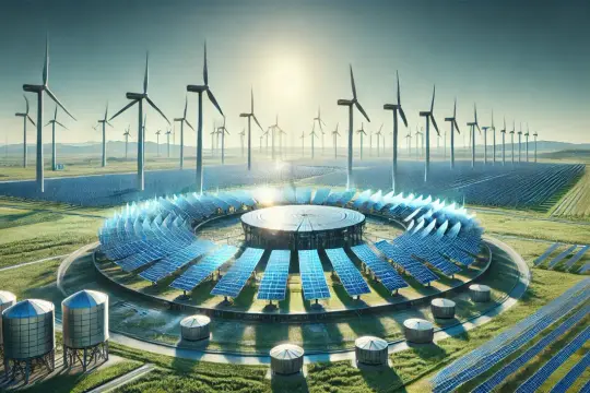 Futurystyczna elektrownia z wiatrakami i panelem słonecznym w kształcie pierścienia, przypominającym reaktor fuzyjny.