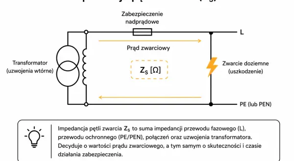 Schemat przedstawia pętlę zwarcia z transformatorem, zabezpieczeniem nadprądowym i punktem zwarcia doziemnego. Kluczowa jest impedancja pętli zwarcia (Zs), która wpływa na prąd zwarciowy i działanie zabezpieczeń.