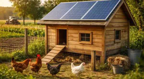 Kurnik z panelami słonecznymi, symbolizujący instalację off grid. Kury pasące się na trawie obok.
