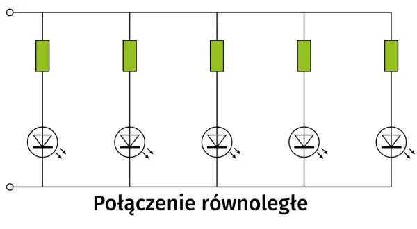 Schemat połączenia równoległego pięciu diod LED, z których każda ma swój rezystor ograniczający prąd.