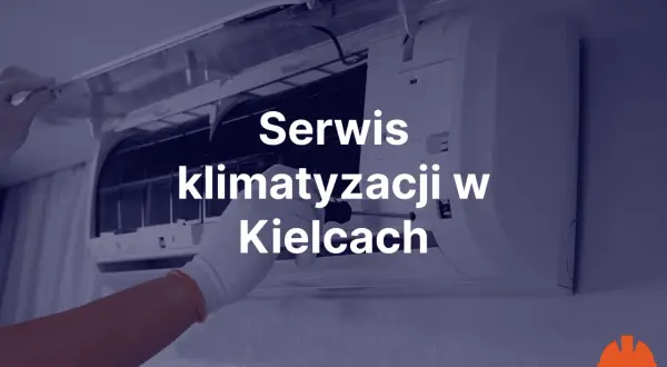 Ręka w białej rękawiczce naprawia klimatyzację. Napis: Serwis klimatyzacji w Kielcach.