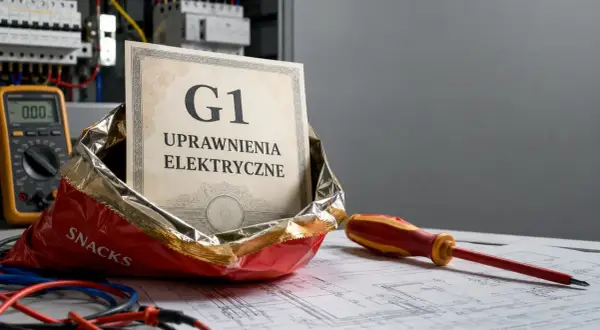 Certyfikat "G1 Uprawnienia Elektryczne" w paczce chipsów, obok multimetru i śrubokręta, symbolizuje łatwy dostęp do wiedzy i narzędzi dla elektryków.