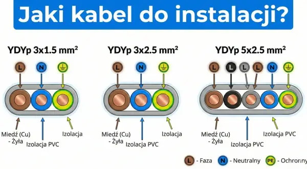 Porównanie kabli YDYp 3x1.5, 3x2.5 i 5x2.5 mm² – jaki kabel do gniazdek wybrać? Schemat pokazuje budowę i przeznaczenie żył.