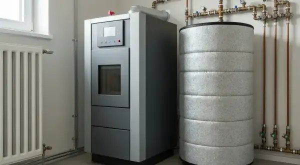 Nowoczesny bufor do pieca na pellet, obok zasobnika ciepłej wody, z instalacją grzewczą i grzejnikiem.