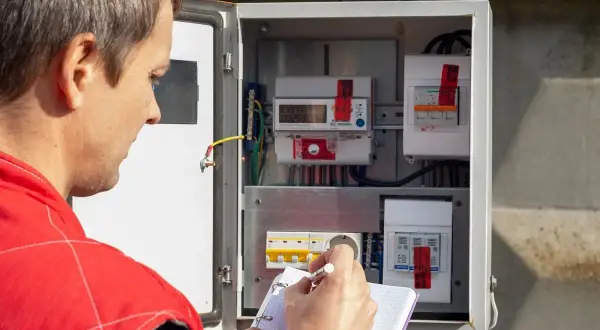 Elektryk spisuje odczyt licznika w skrzynce rozdzielczej. Przygotowuje protokół zdawczo odbiorczy Tauron PDF.