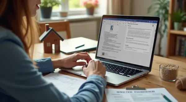 Kobieta wpisuje dane na laptopie, przygotowując przepisanie licznika Energa. Na biurku leży model domu.