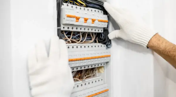 Ręce w białych rękawiczkach pracują przy rozdzielni elektrycznej z bezpiecznikami.
