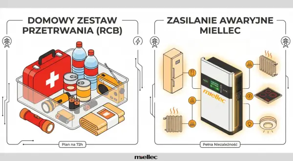 Zestaw przetrwania na wypadek awarii zasilania: apteczka, woda, konserwy, radio, latarka. Obok system zasilania awaryjnego Miellec z lodówką, grzejnikiem, płytą i oświetleniem.
