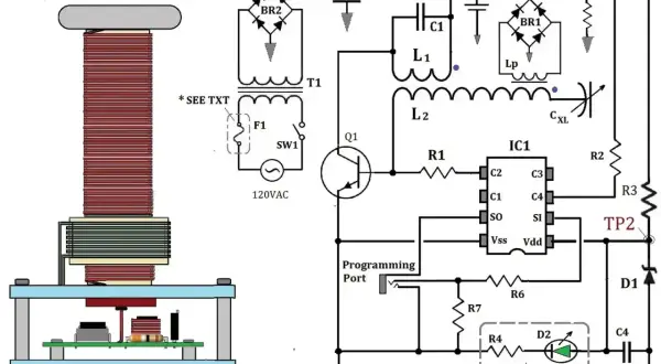 Schemat układu z cewką Tesli, transformatorem, tranzystorem i układem scalonym.