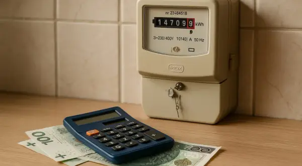 Licznik energii elektrycznej, kalkulator i banknoty 100 zł. Obrazek pokazuje, jak obliczyć zużycie prądu i koszty.