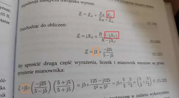 Wzór na impedancję zespoloną dwójnika: Z = jXL + R(-jXc)/(R-jXc). Obliczenia pokazują, jak uzyskać wynik.