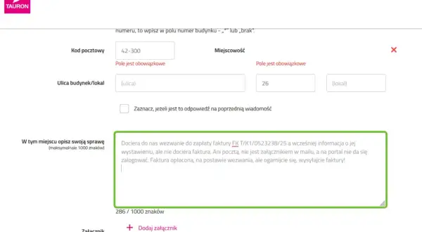 Formularz Tauron: wpisanie adresu, kodu pocztowego, miejscowości. Wpisano treść wiadomości o problemach z fakturą, druk ost tauron pdf.