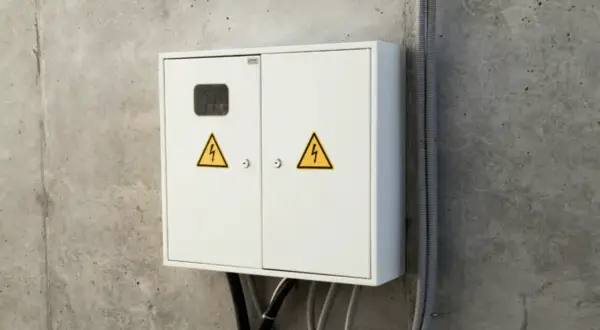 Biała skrzynka elektryczna z żółtymi symbolami ostrzegawczymi na betonowej ścianie.