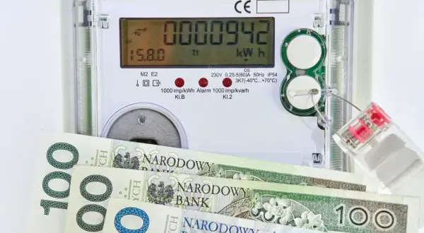 Licznik energii elektrycznej z banknotami 100 zł. Zastanawiasz się, ile kosztuje 1 kWh Enea?