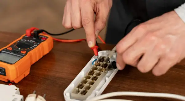 Ręce mierzą opór elektryczny za pomocą pomarańczowego multimetru i białego przedłużacza.