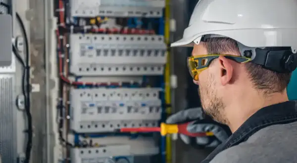 Elektryk w białym kasku i okularach ochronnych pracuje przy skrzynce z bezpiecznikami. Zastanawiasz się, ile zarabia elektryk?