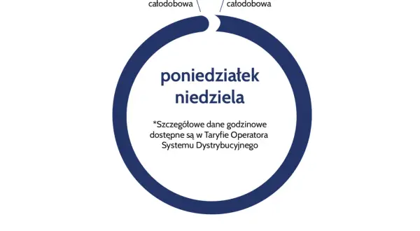 Schemat taryfy G12W PGE: strefa całodobowa od poniedziałku do niedzieli, obejmująca czas letni i zimowy.